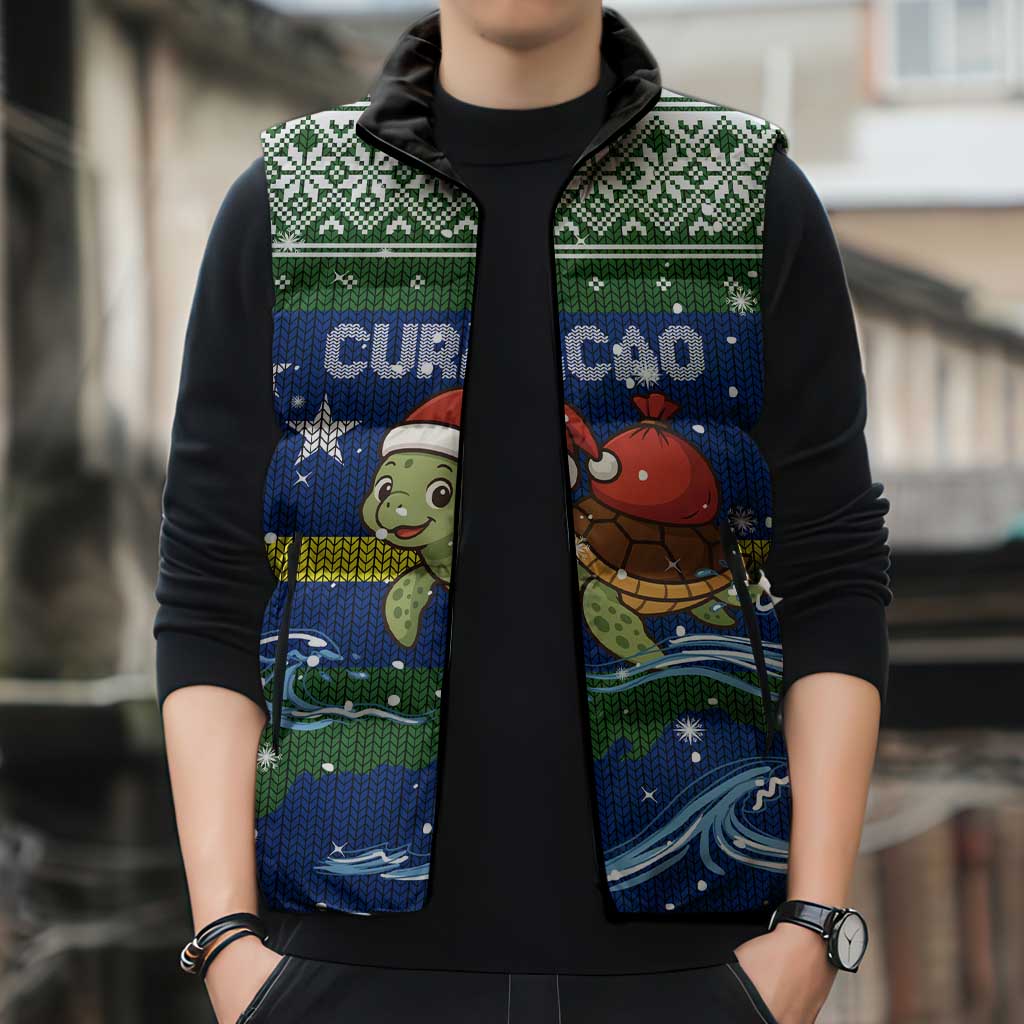 Curacao Christmas Sleeveless Puffer Jacket with Santa Turtle Ocean Waves Snowflakes and Holiday Gift Design - Wonder Print Shop