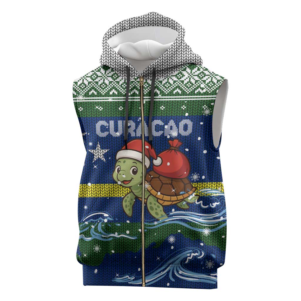 Curacao Christmas Sleeveless Zip Hoodie with Santa Turtle Ocean Waves Snowflakes and Holiday Gift Design - Wonder Print Shop