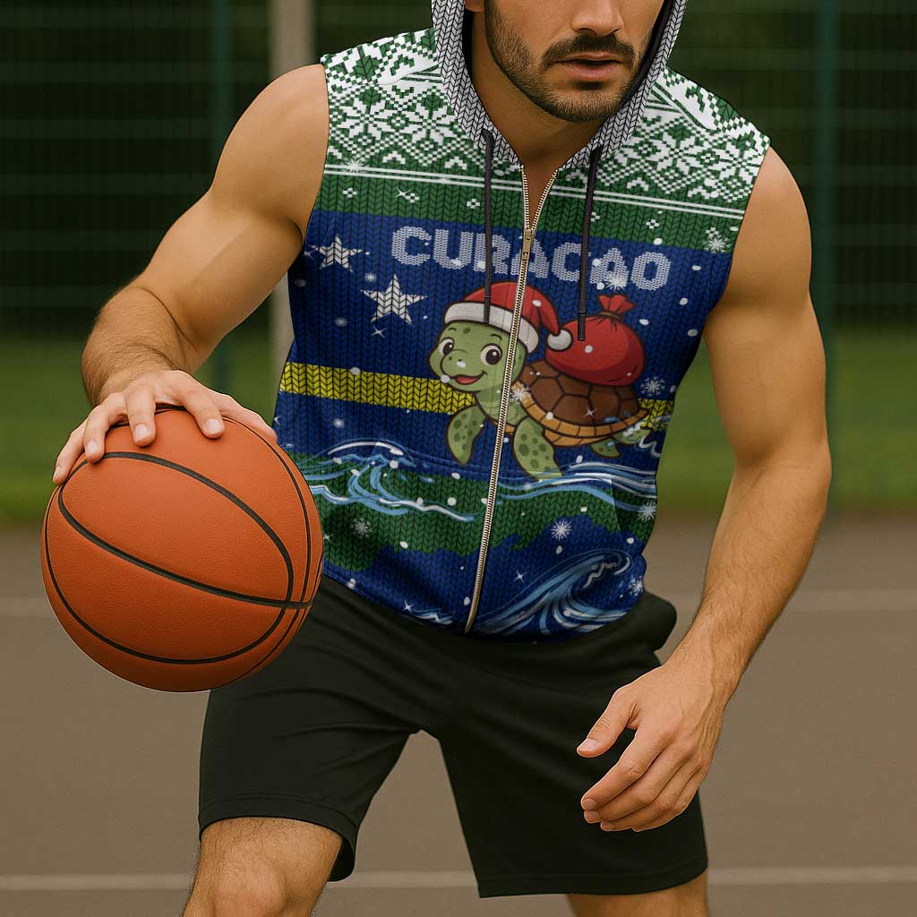 Curacao Christmas Sleeveless Zip Hoodie with Santa Turtle Ocean Waves Snowflakes and Holiday Gift Design - Wonder Print Shop
