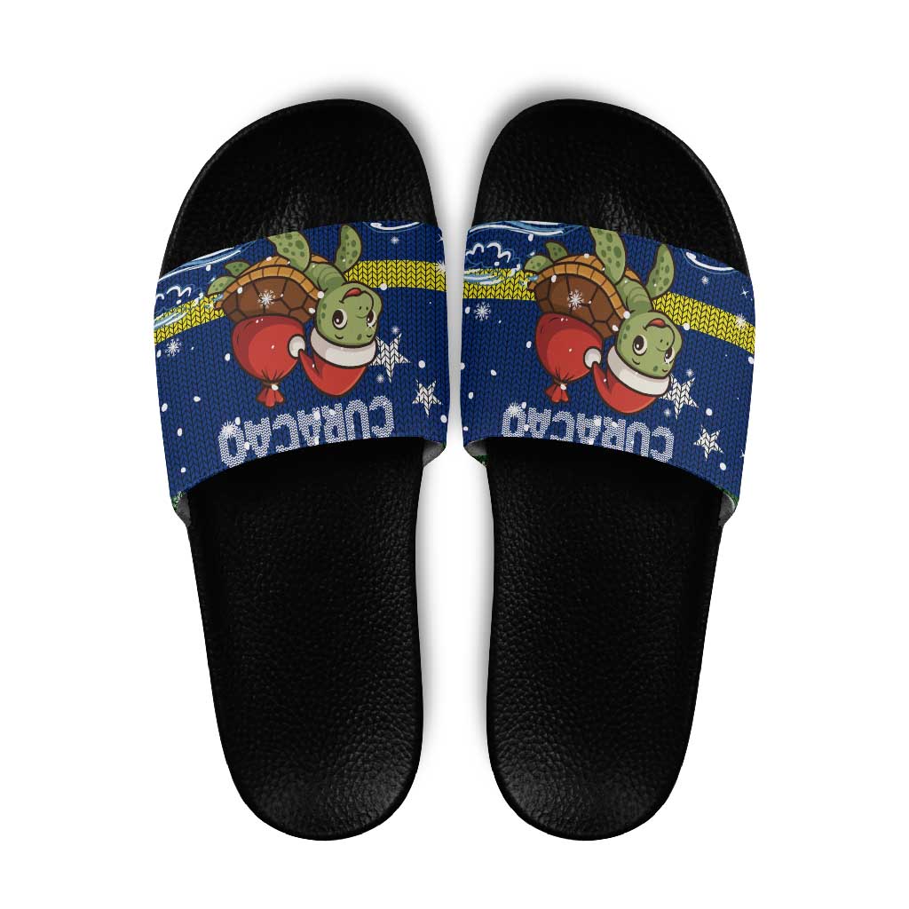 Curacao Christmas Slide Sandals with Santa Turtle Ocean Waves Snowflakes and Holiday Gift Design - Wonder Print Shop