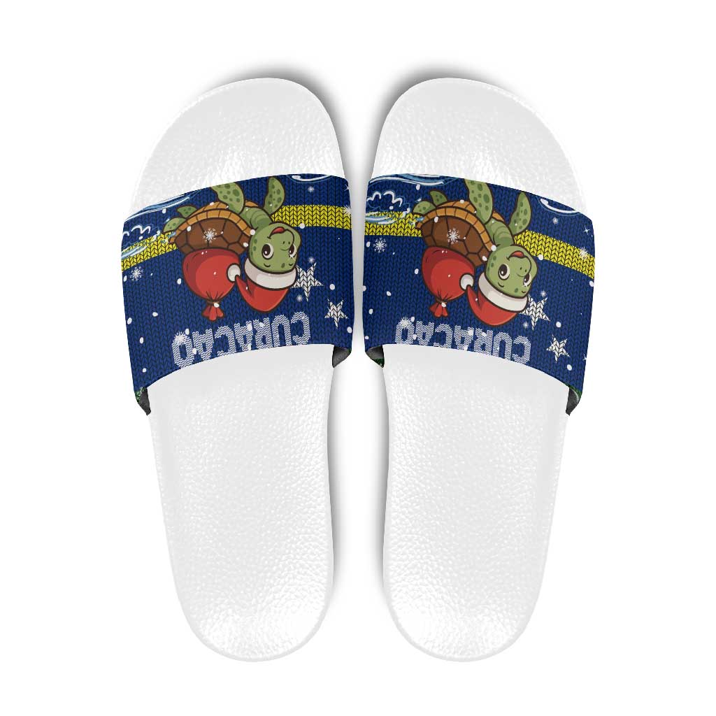 Curacao Christmas Slide Sandals with Santa Turtle Ocean Waves Snowflakes and Holiday Gift Design - Wonder Print Shop