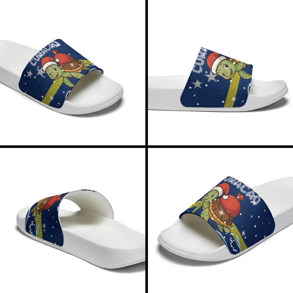 Curacao Christmas Slide Sandals with Santa Turtle Ocean Waves Snowflakes and Holiday Gift Design - Wonder Print Shop