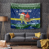 Curacao Christmas Tapestry with Santa Turtle Ocean Waves Snowflakes and Holiday Gift Design - Wonder Print Shop