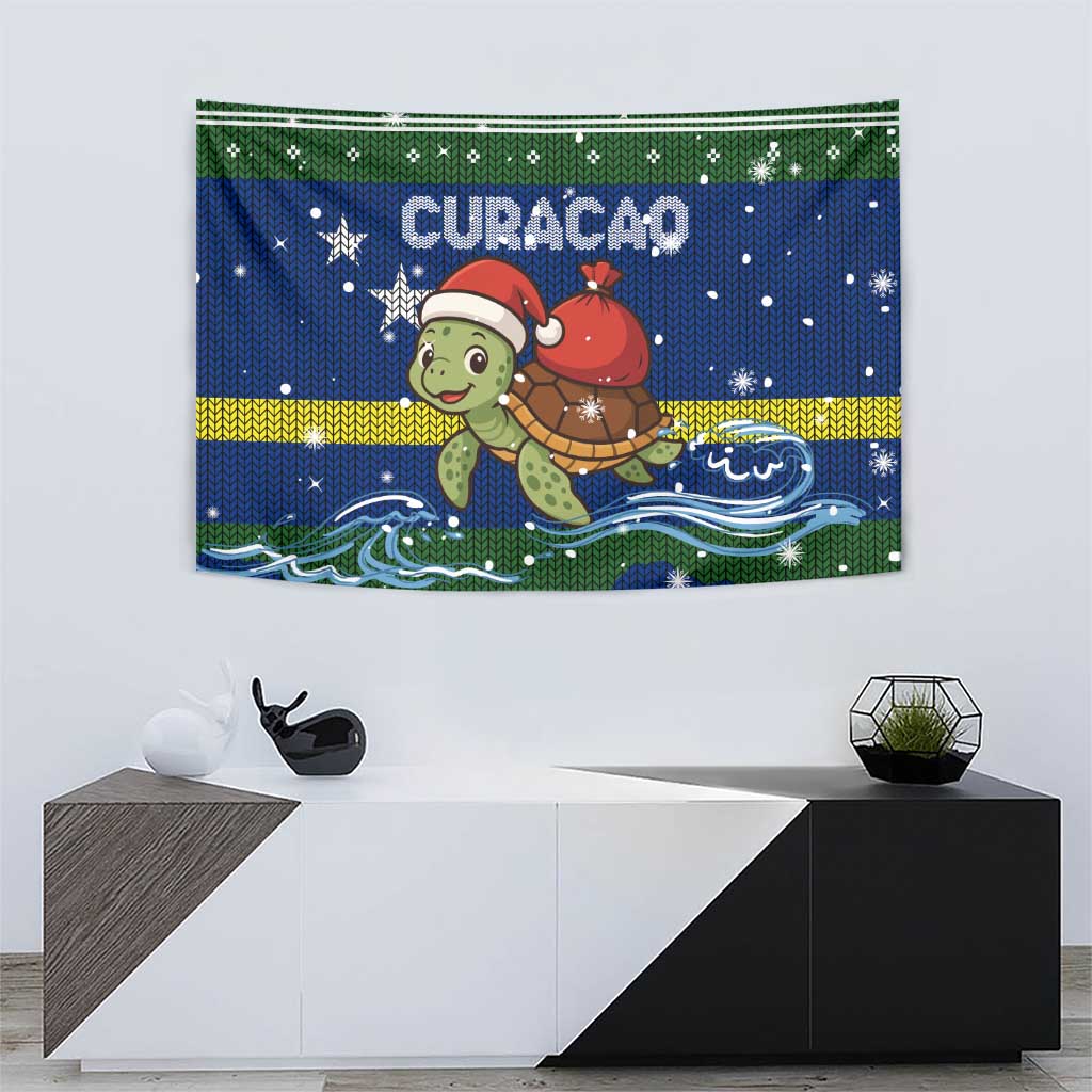 Curacao Christmas Tapestry with Santa Turtle Ocean Waves Snowflakes and Holiday Gift Design - Wonder Print Shop