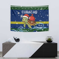 Curacao Christmas Tapestry with Santa Turtle Ocean Waves Snowflakes and Holiday Gift Design - Wonder Print Shop