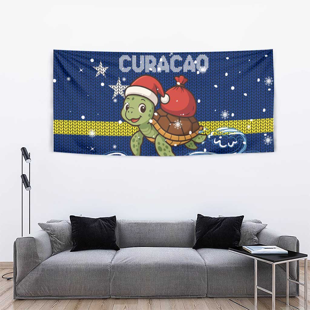 Curacao Christmas Tapestry with Santa Turtle Ocean Waves Snowflakes and Holiday Gift Design - Wonder Print Shop
