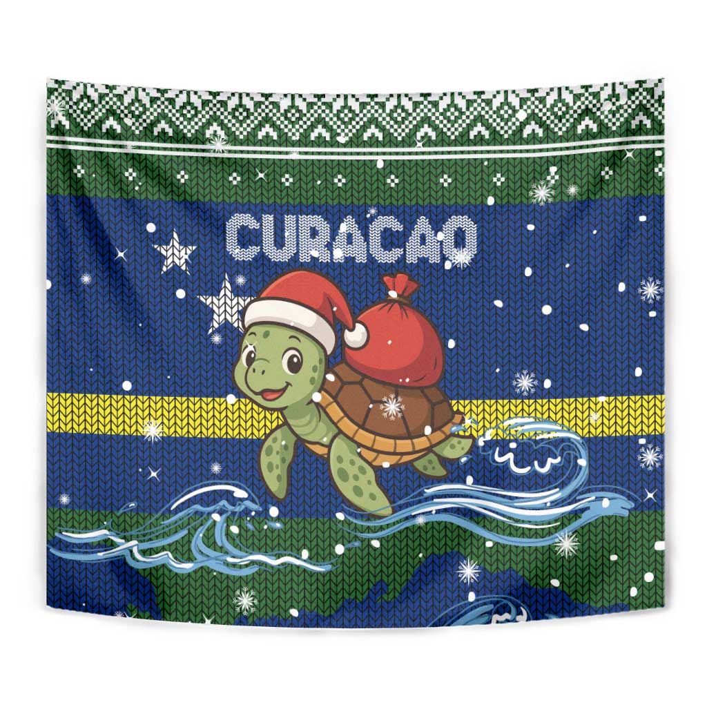 Curacao Christmas Tapestry with Santa Turtle Ocean Waves Snowflakes and Holiday Gift Design - Wonder Print Shop