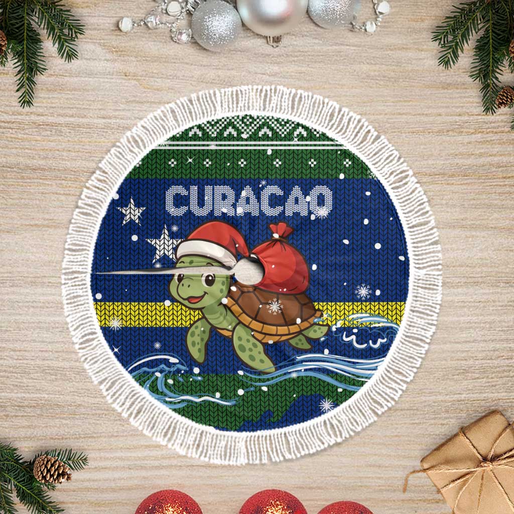 Curacao Christmas Tree Skirt with Santa Turtle Ocean Waves Snowflakes and Holiday Gift Design - Wonder Print Shop