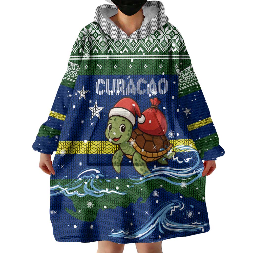 Curacao Christmas Wearable Blanket Hoodie with Santa Turtle Ocean Waves Snowflakes and Holiday Gift Design - Wonder Print Shop