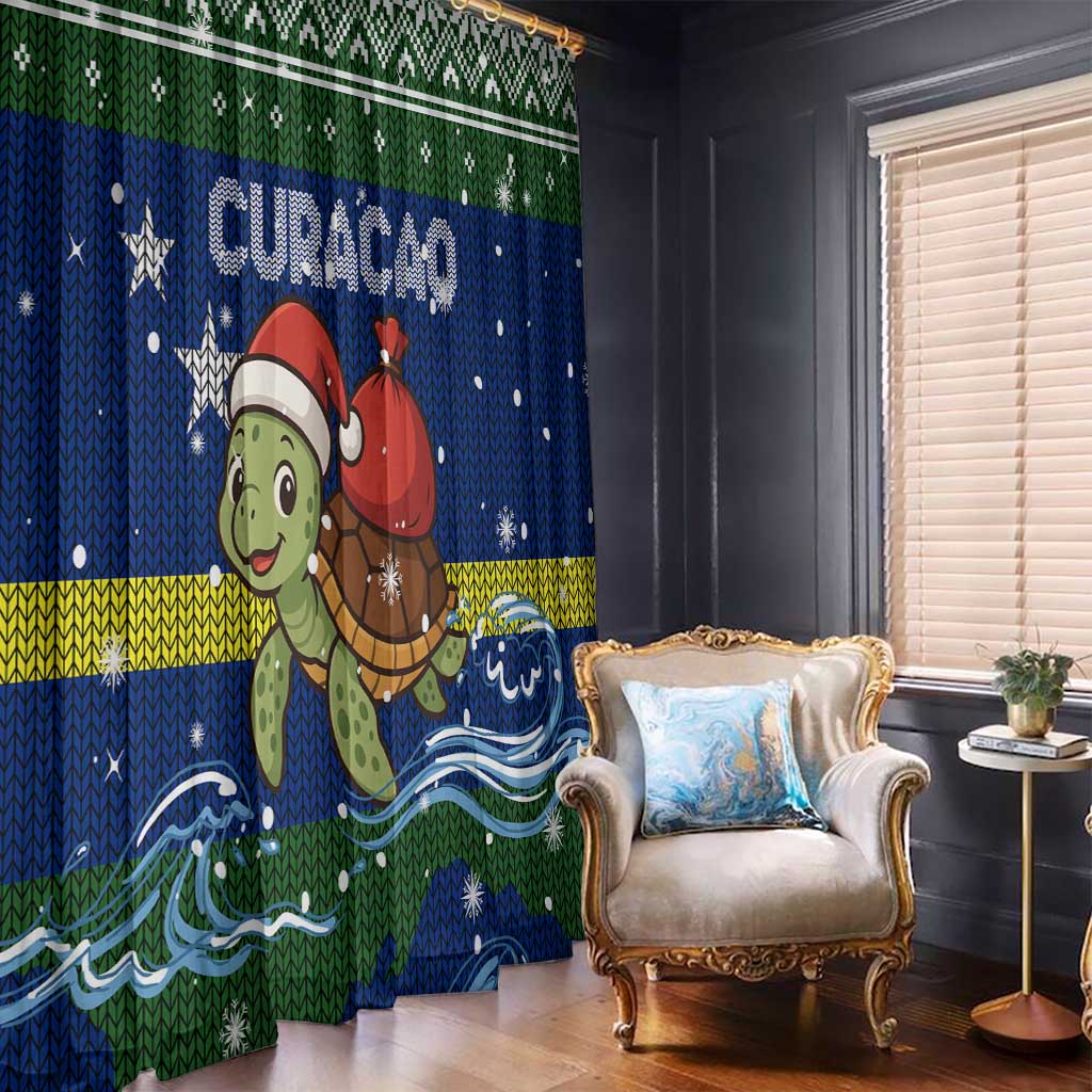 Curacao Christmas Window Curtain with Santa Turtle Ocean Waves Snowflakes and Holiday Gift Design - Wonder Print Shop