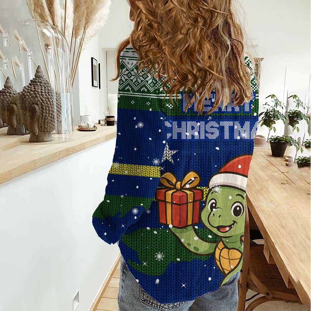 Curacao Christmas Women Casual Shirt with Santa Turtle Ocean Waves Snowflakes and Holiday Gift Design - Wonder Print Shop