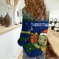Curacao Christmas Women Casual Shirt with Santa Turtle Ocean Waves Snowflakes and Holiday Gift Design - Wonder Print Shop