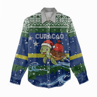 Curacao Christmas Women Casual Shirt with Santa Turtle Ocean Waves Snowflakes and Holiday Gift Design - Wonder Print Shop