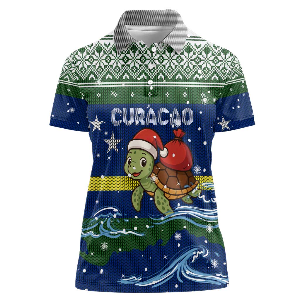 Curacao Christmas Women Polo Shirt with Santa Turtle Ocean Waves Snowflakes and Holiday Gift Design - Wonder Print Shop