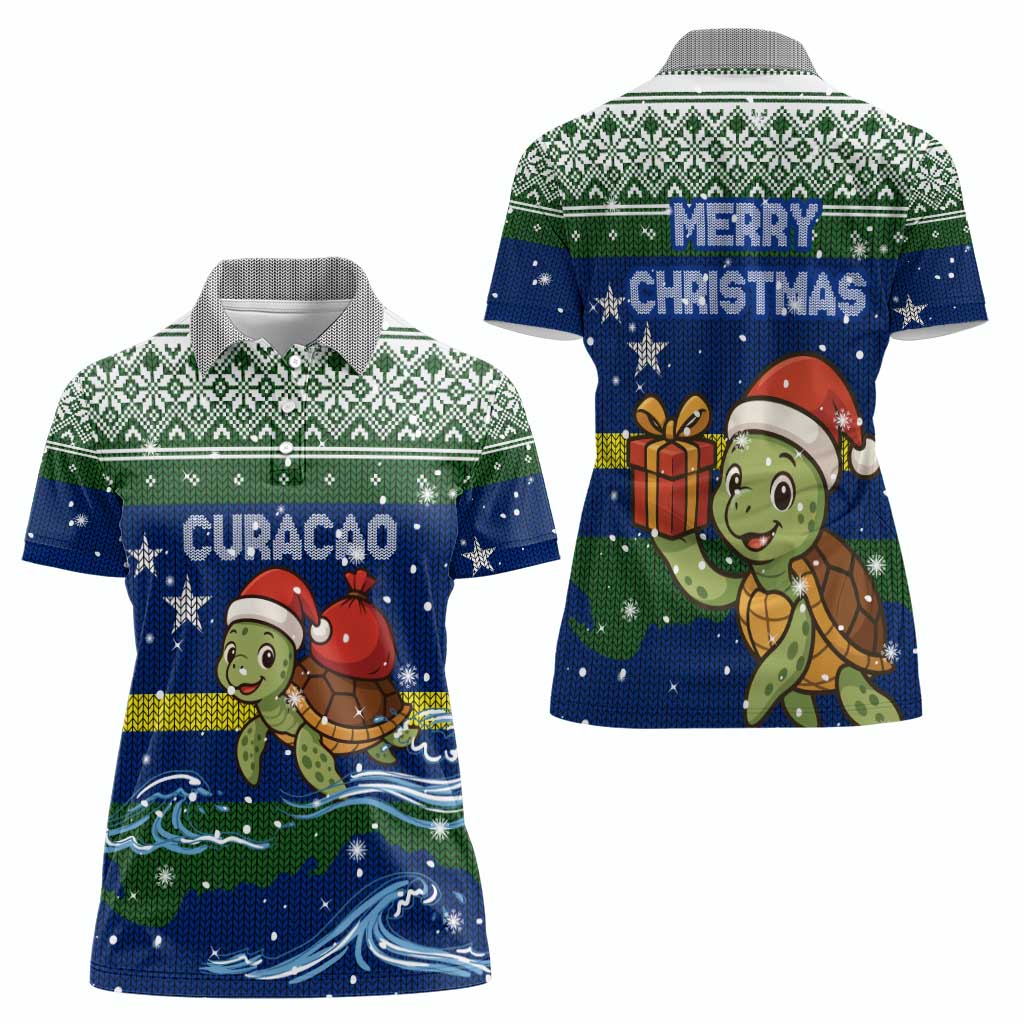 Curacao Christmas Women Polo Shirt with Santa Turtle Ocean Waves Snowflakes and Holiday Gift Design - Wonder Print Shop