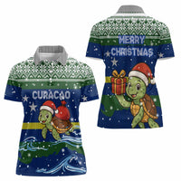 Curacao Christmas Women Polo Shirt with Santa Turtle Ocean Waves Snowflakes and Holiday Gift Design - Wonder Print Shop