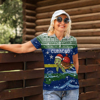 Curacao Christmas Women Polo Shirt with Santa Turtle Ocean Waves Snowflakes and Holiday Gift Design - Wonder Print Shop