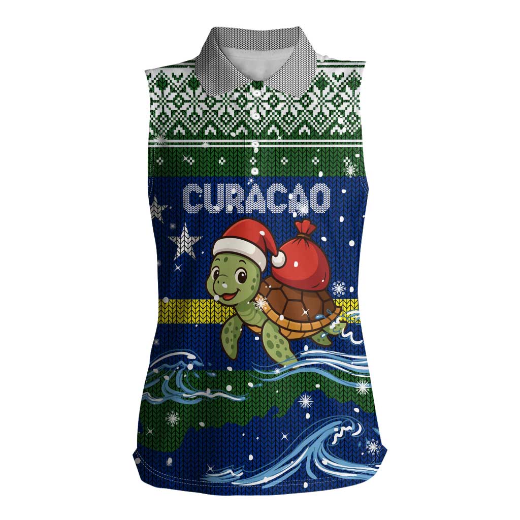 Curacao Christmas Women Sleeveless Polo Shirt with Santa Turtle Ocean Waves Snowflakes and Holiday Gift Design - Wonder Print Shop