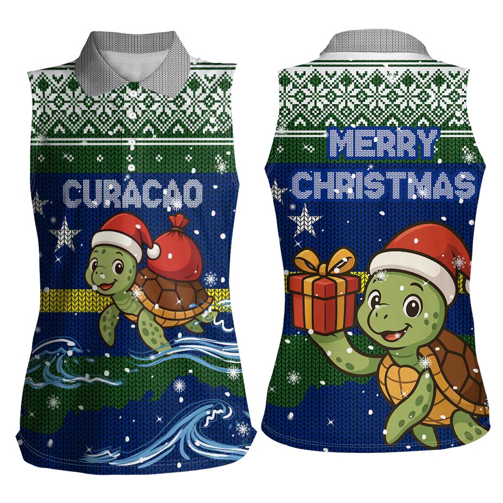 Curacao Christmas Women Sleeveless Polo Shirt with Santa Turtle Ocean Waves Snowflakes and Holiday Gift Design - Wonder Print Shop