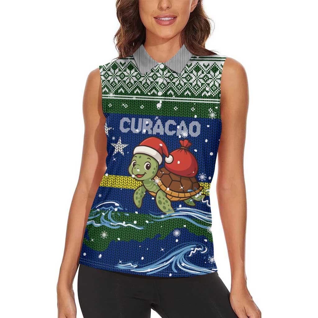 Curacao Christmas Women Sleeveless Polo Shirt with Santa Turtle Ocean Waves Snowflakes and Holiday Gift Design - Wonder Print Shop