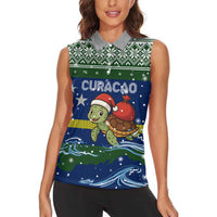 Curacao Christmas Women Sleeveless Polo Shirt with Santa Turtle Ocean Waves Snowflakes and Holiday Gift Design - Wonder Print Shop