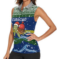Curacao Christmas Women Sleeveless Polo Shirt with Santa Turtle Ocean Waves Snowflakes and Holiday Gift Design - Wonder Print Shop