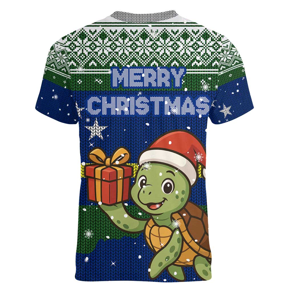 Curacao Christmas Women V-Neck T-Shirt with Santa Turtle Ocean Waves Snowflakes and Holiday Gift Design - Wonder Print Shop