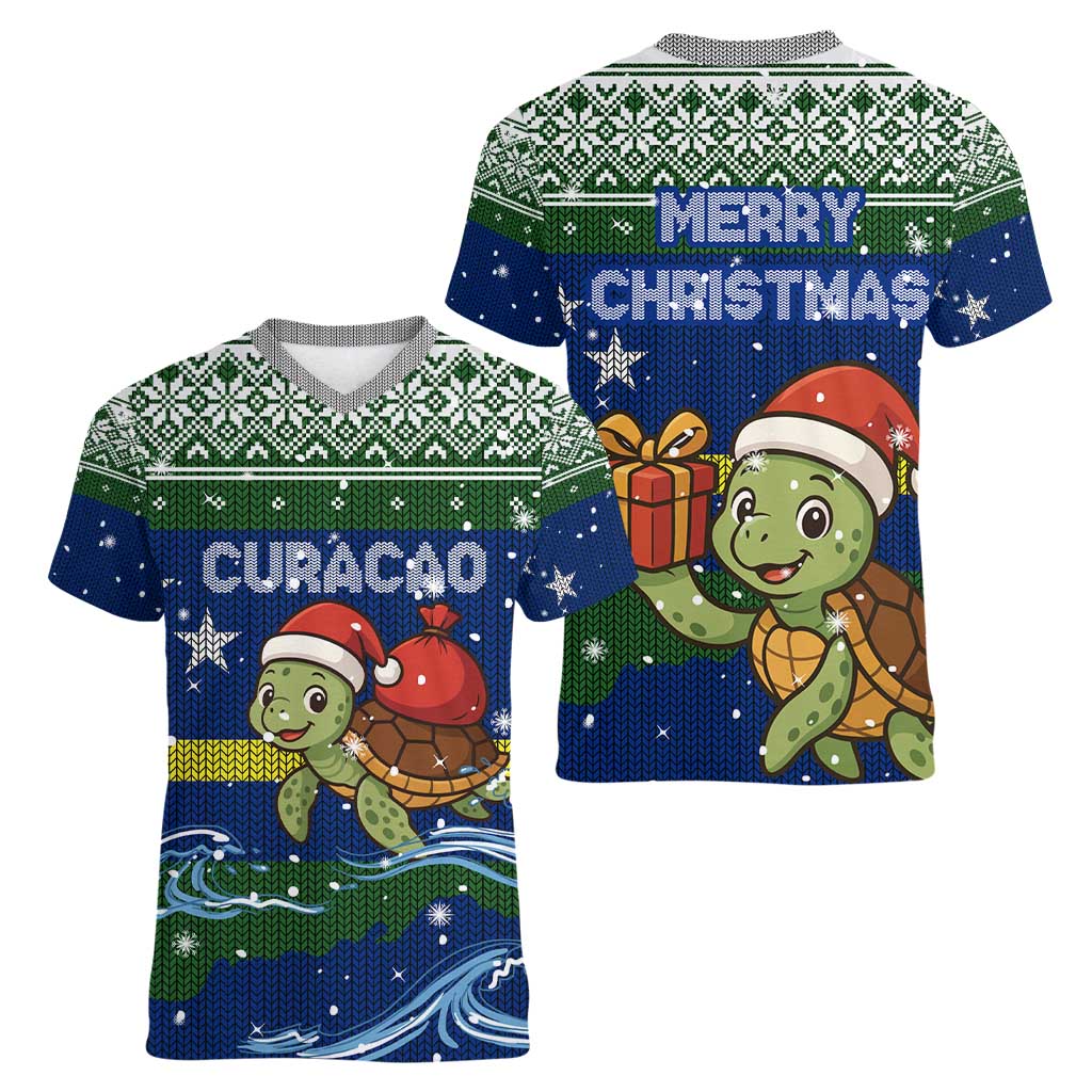 Curacao Christmas Women V-Neck T-Shirt with Santa Turtle Ocean Waves Snowflakes and Holiday Gift Design - Wonder Print Shop
