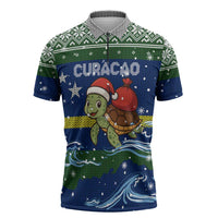 Curacao Christmas Zipper Polo Shirt with Santa Turtle Ocean Waves Snowflakes and Holiday Gift Design - Wonder Print Shop