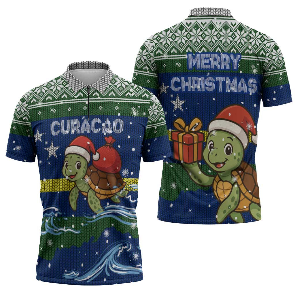 Curacao Christmas Zipper Polo Shirt with Santa Turtle Ocean Waves Snowflakes and Holiday Gift Design - Wonder Print Shop