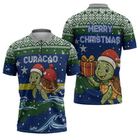 Curacao Christmas Zipper Polo Shirt with Santa Turtle Ocean Waves Snowflakes and Holiday Gift Design - Wonder Print Shop