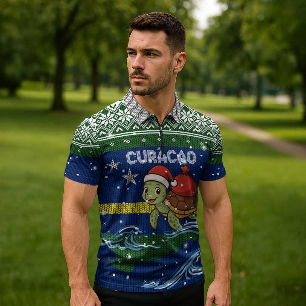 Curacao Christmas Zipper Polo Shirt with Santa Turtle Ocean Waves Snowflakes and Holiday Gift Design - Wonder Print Shop