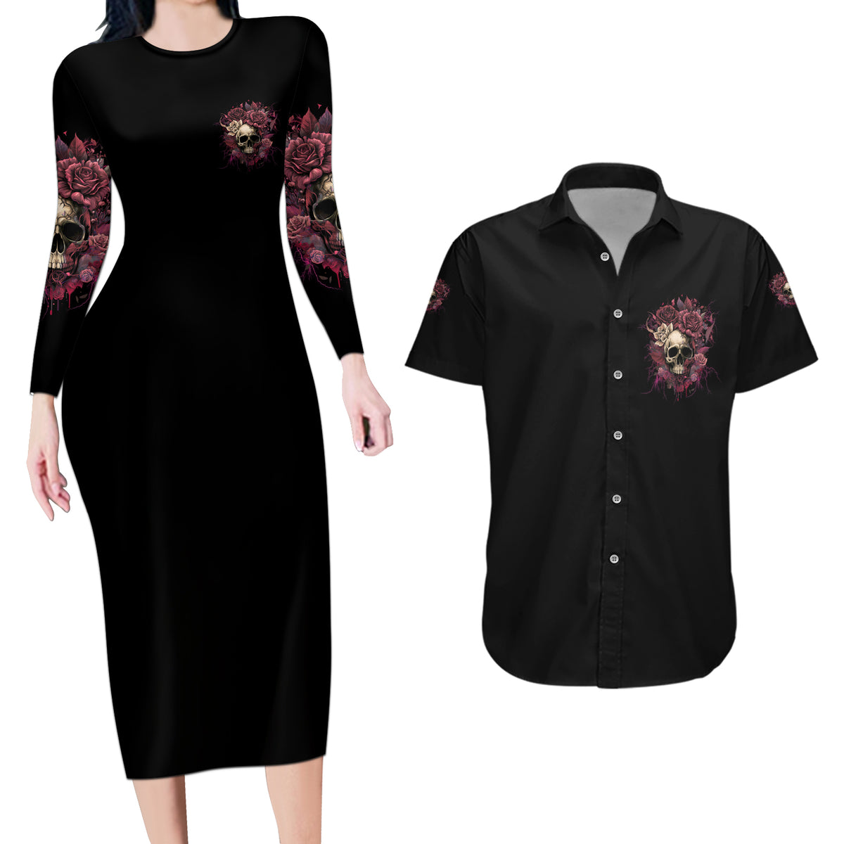 My Give A F Rose Skull Couples Matching Long Sleeve Bodycon Dress and Hawaiian Shirt - Wonder Print Shop