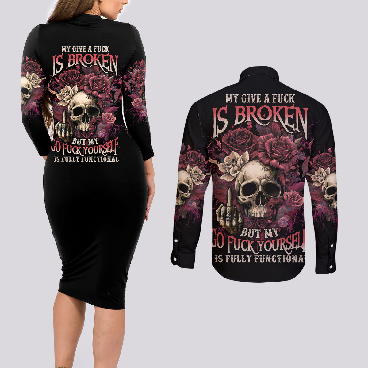 My Give A F Rose Skull Couples Matching Long Sleeve Bodycon Dress and Long Sleeve Button Shirt - Wonder Print Shop
