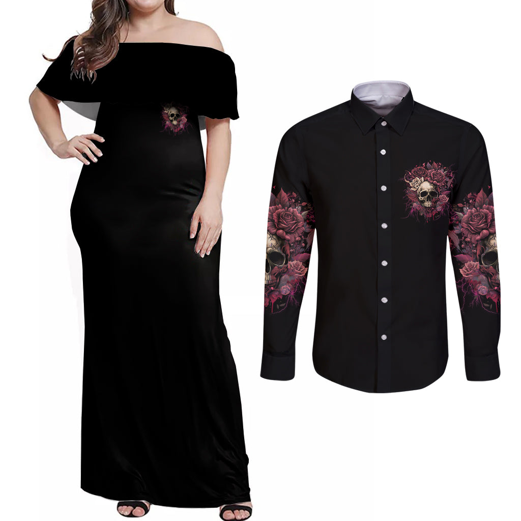 My Give A F Rose Skull Couples Matching Off Shoulder Maxi Dress and Long Sleeve Button Shirt - Wonder Print Shop