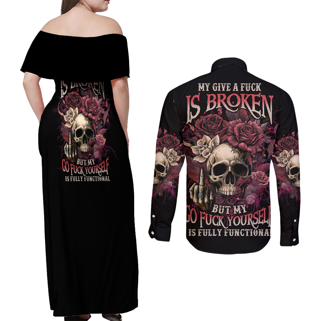My Give A F Rose Skull Couples Matching Off Shoulder Maxi Dress and Long Sleeve Button Shirt - Wonder Print Shop