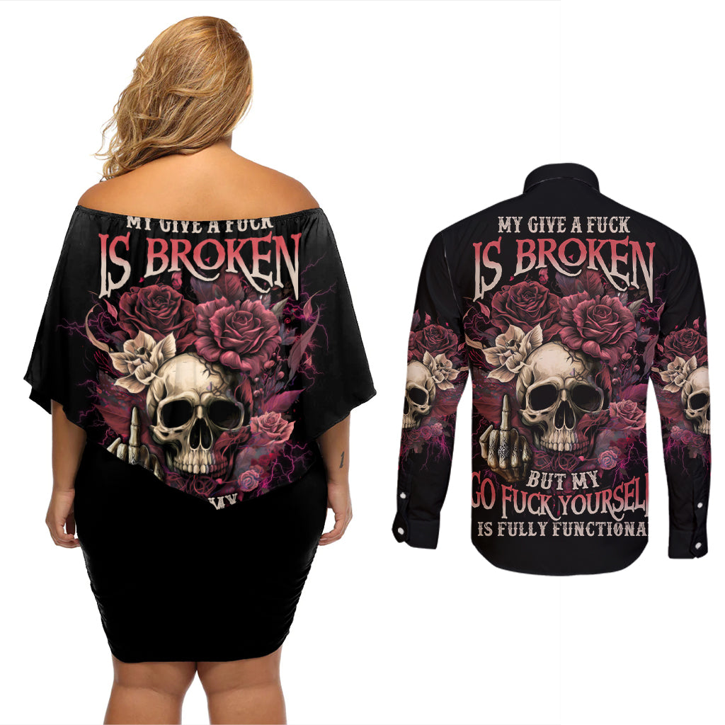 My Give A F Rose Skull Couples Matching Off Shoulder Short Dress and Long Sleeve Button Shirt - Wonder Print Shop