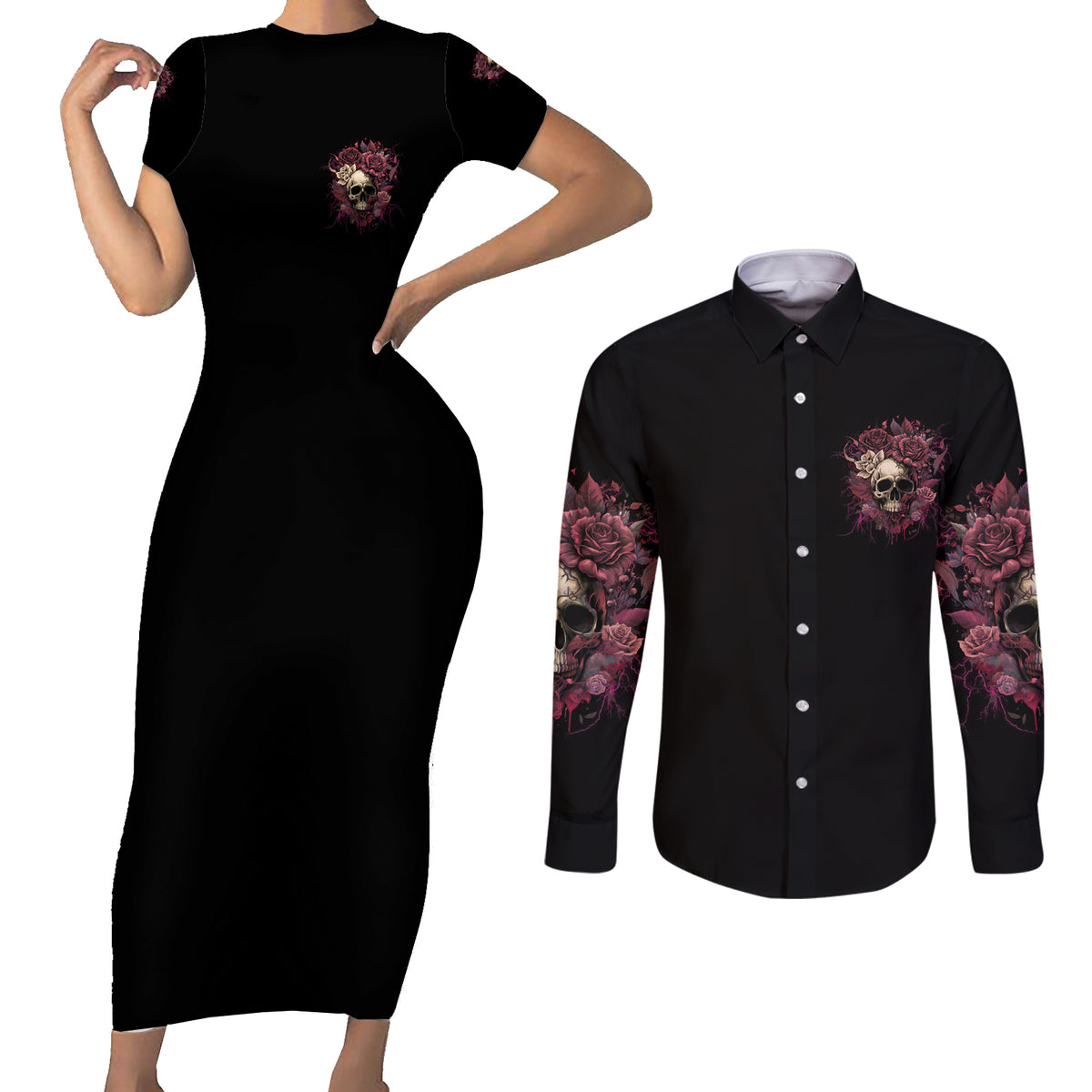 My Give A F Rose Skull Couples Matching Short Sleeve Bodycon Dress and Long Sleeve Button Shirt - Wonder Print Shop
