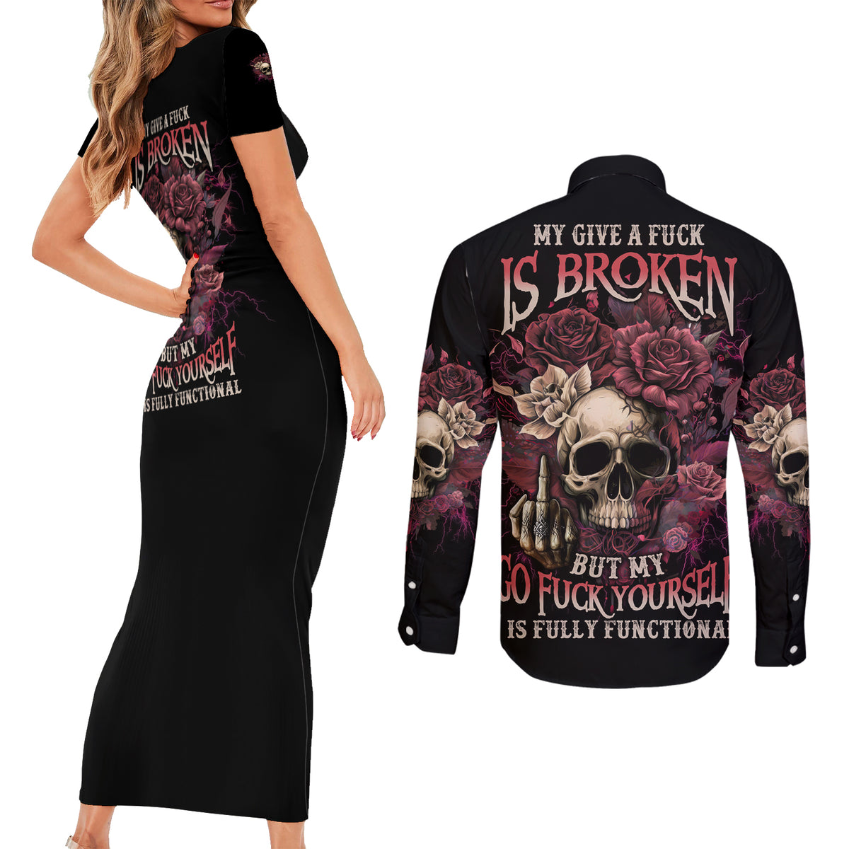 My Give A F Rose Skull Couples Matching Short Sleeve Bodycon Dress and Long Sleeve Button Shirt - Wonder Print Shop