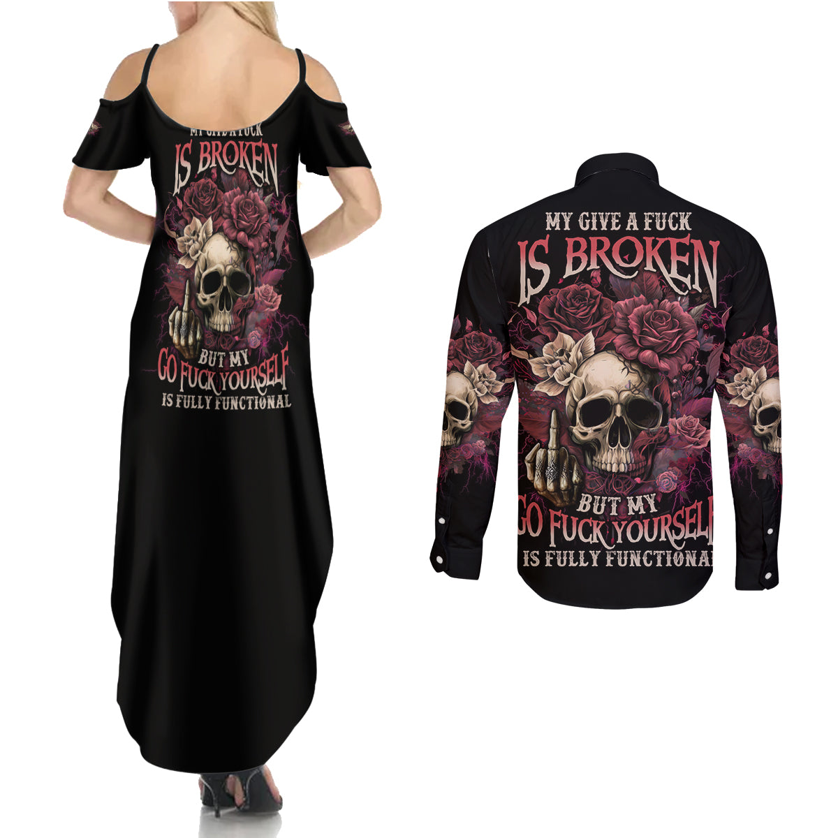 My Give A F Rose Skull Couples Matching Summer Maxi Dress and Long Sleeve Button Shirt - Wonder Print Shop