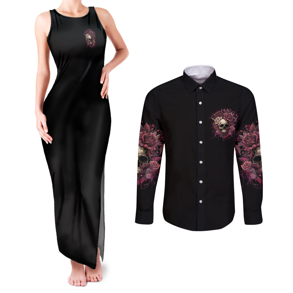 My Give A F Rose Skull Couples Matching Tank Maxi Dress and Long Sleeve Button Shirt - Wonder Print Shop