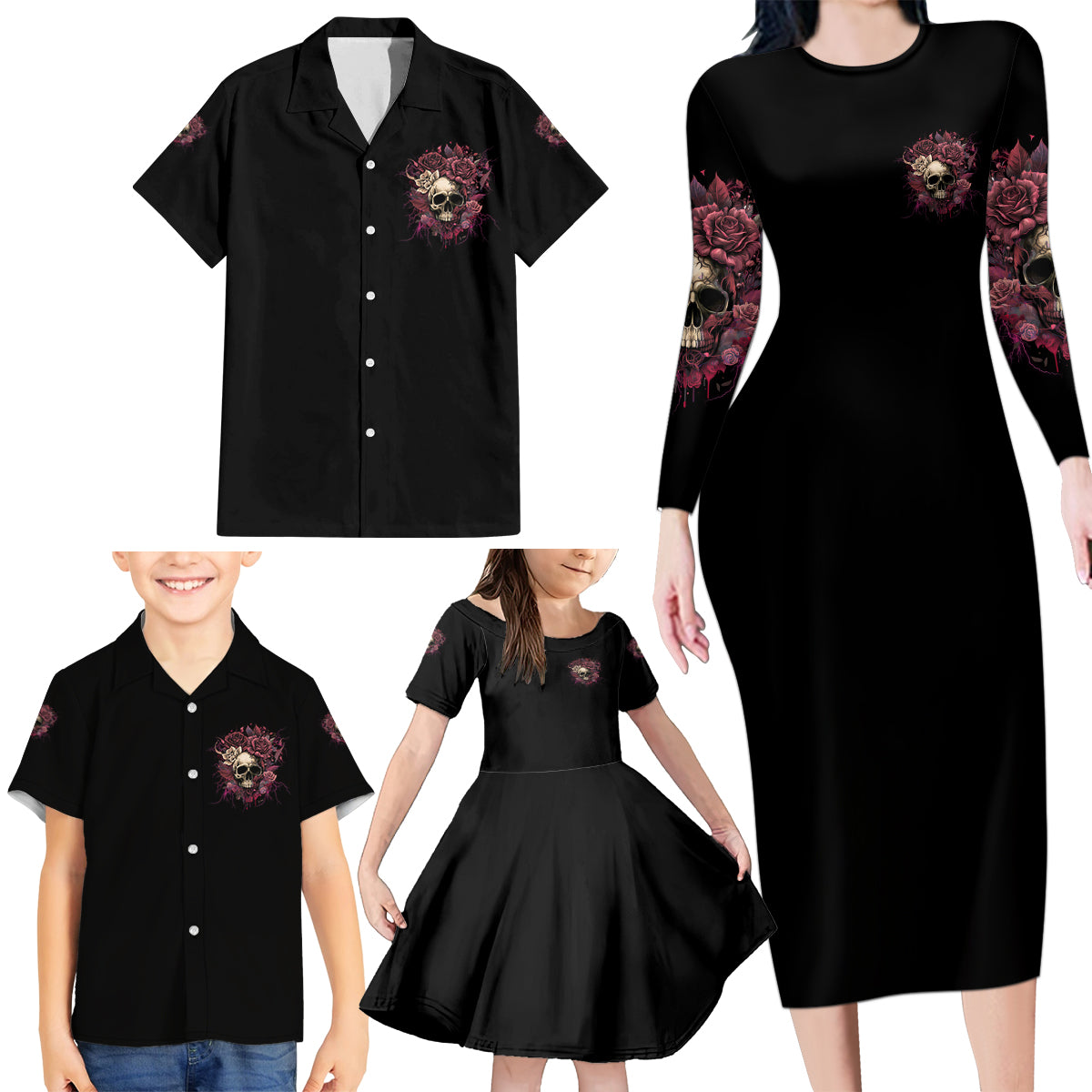 My Give A F Rose Skull Family Matching Long Sleeve Bodycon Dress and Hawaiian Shirt - Wonder Print Shop