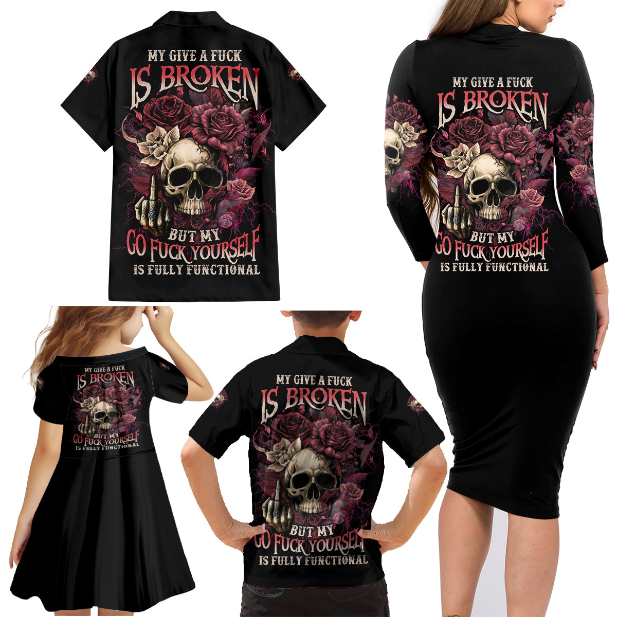 My Give A F Rose Skull Family Matching Long Sleeve Bodycon Dress and Hawaiian Shirt - Wonder Print Shop