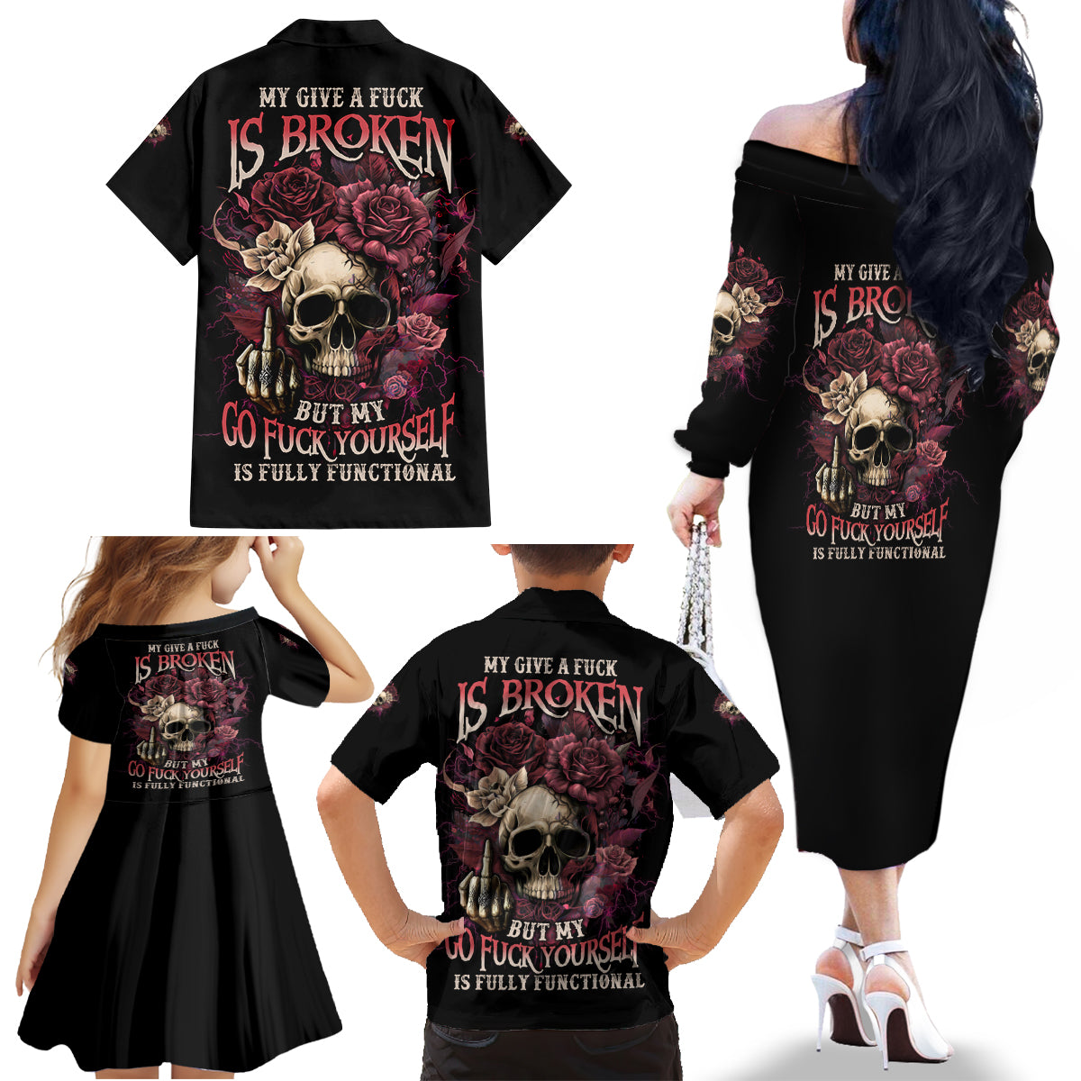 My Give A F Rose Skull Family Matching Off Shoulder Long Sleeve Dress and Hawaiian Shirt - Wonder Print Shop