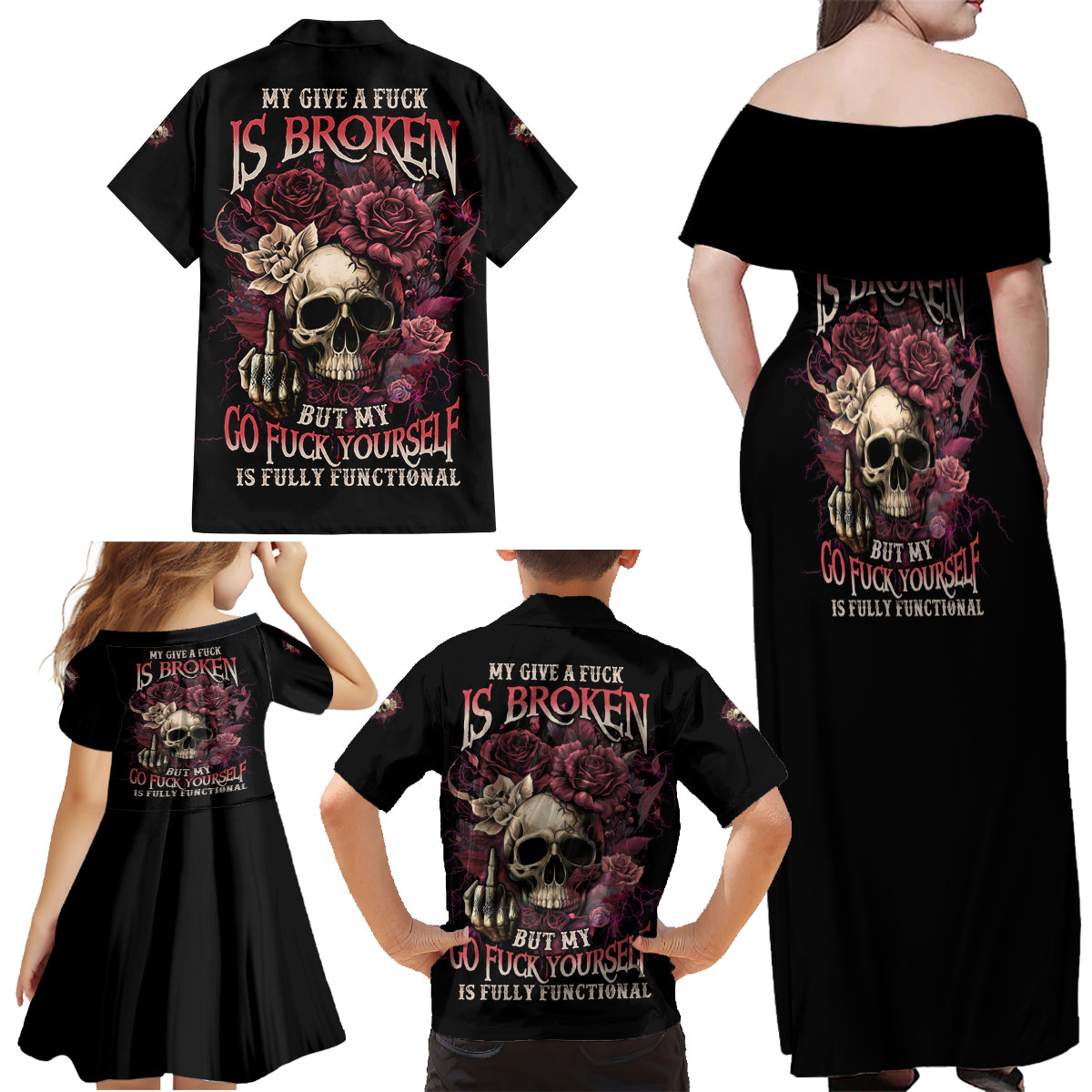 My Give A F Rose Skull Family Matching Off Shoulder Maxi Dress and Hawaiian Shirt - Wonder Print Shop
