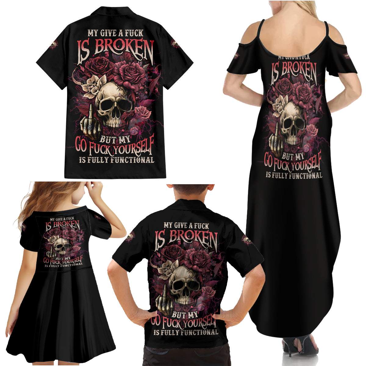 My Give A F Rose Skull Family Matching Summer Maxi Dress and Hawaiian Shirt - Wonder Print Shop