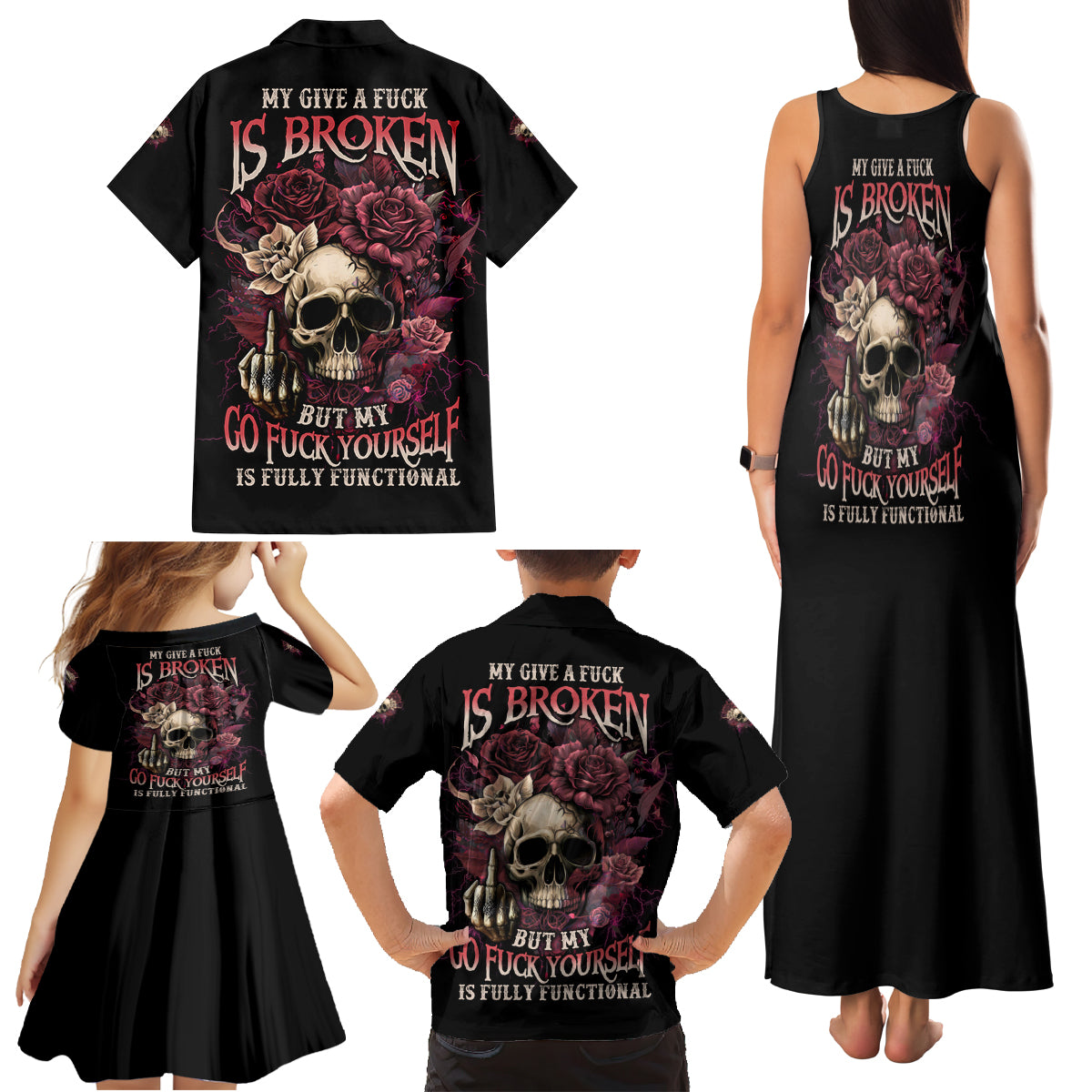 My Give A F Rose Skull Family Matching Tank Maxi Dress and Hawaiian Shirt - Wonder Print Shop