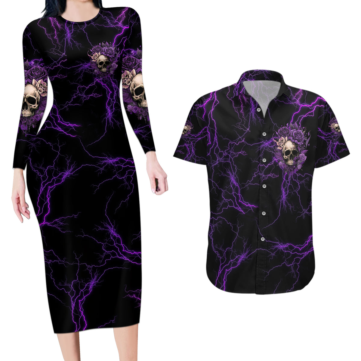 I Am The Storm Rose Skull Couples Matching Long Sleeve Bodycon Dress and Hawaiian Shirt - Wonder Print Shop