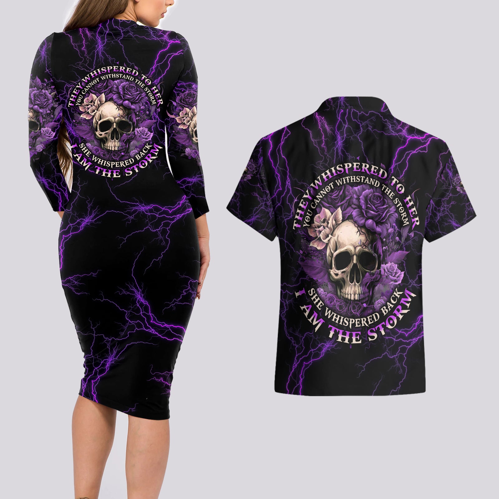 I Am The Storm Rose Skull Couples Matching Long Sleeve Bodycon Dress and Hawaiian Shirt - Wonder Print Shop