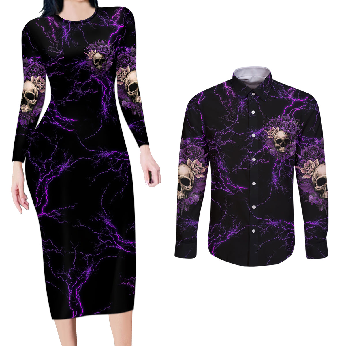 I Am The Storm Rose Skull Couples Matching Long Sleeve Bodycon Dress and Long Sleeve Button Shirt - Wonder Print Shop